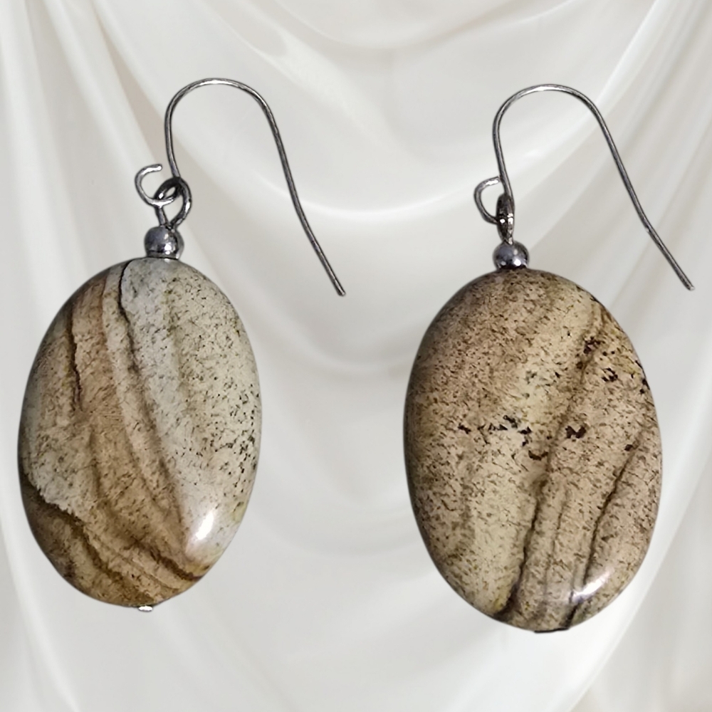 Genuine Picture Jasper Oval Tan & Brown Stone Dangle Handmade Hook Earrings